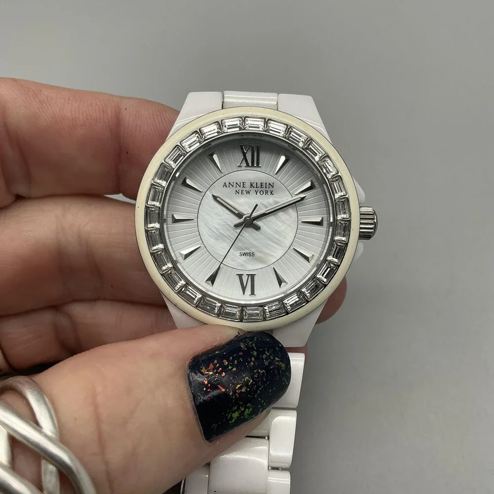 Anne Klein 7633S/2 Womens Watch 35mm Silver Tone White Ceramic New Battery 7